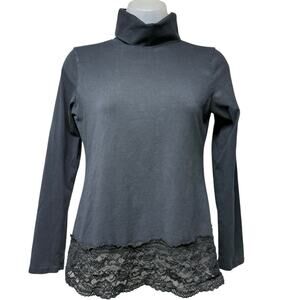 Sundance Elan Turtleneck Size Petite XS  Top Floral Lace Trim Black Long Sleeve